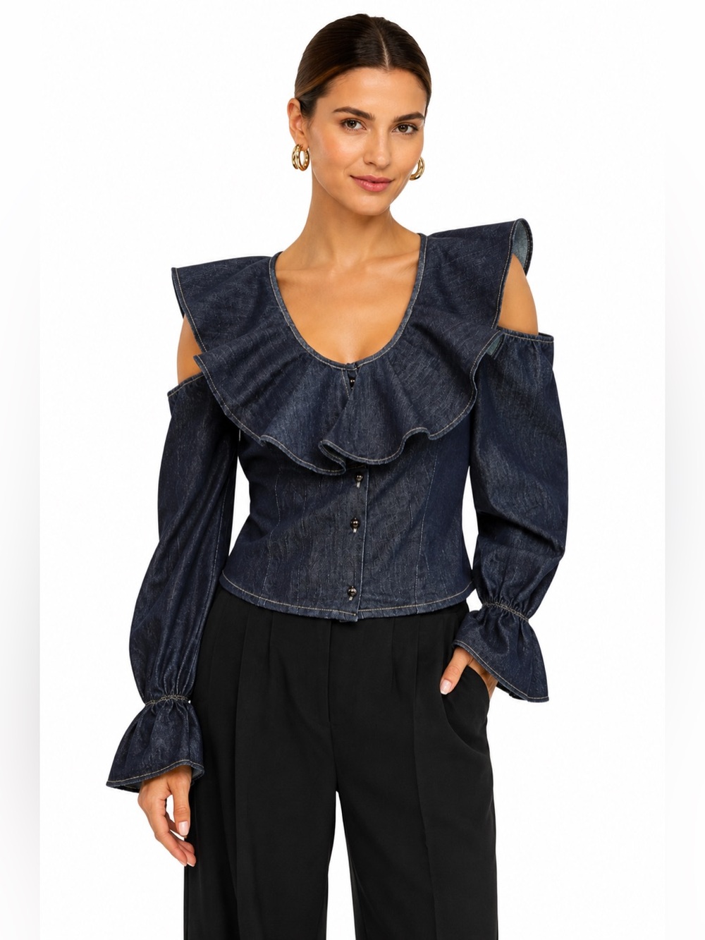 The Attico Ruffle Denim Blouse Scoop Neck Cold Shoulder Made in Italy | US Small
